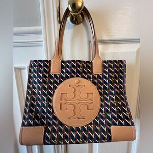 Tory Burch Small Ella Printed Tote Black Basketweave New